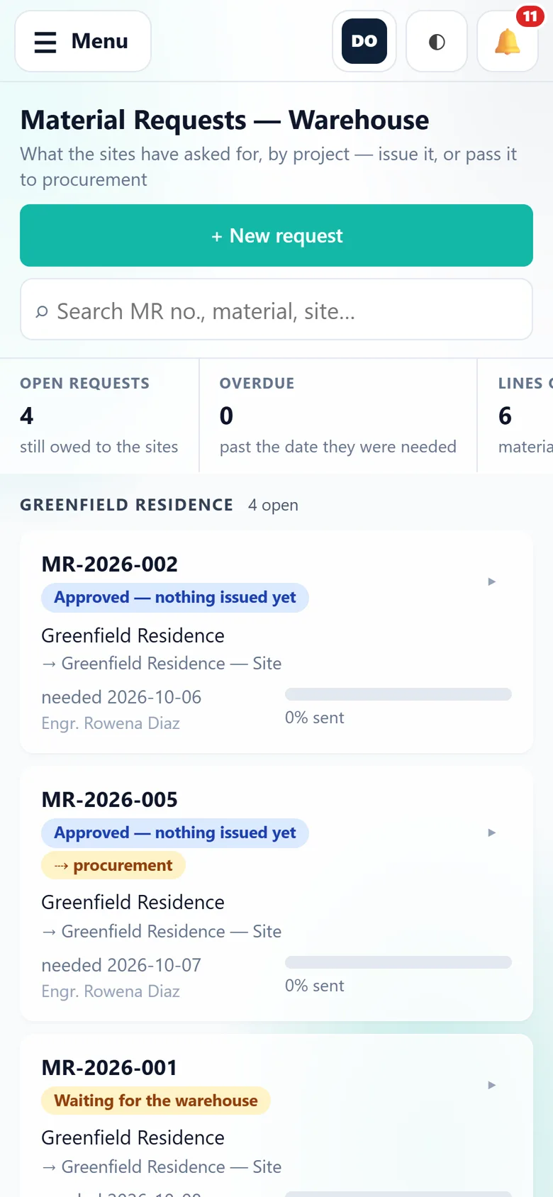 Material requests on a phone.