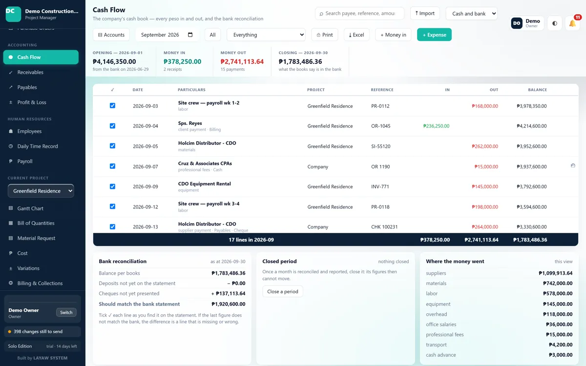 The cash book with a running balance and the bank reconciliation.